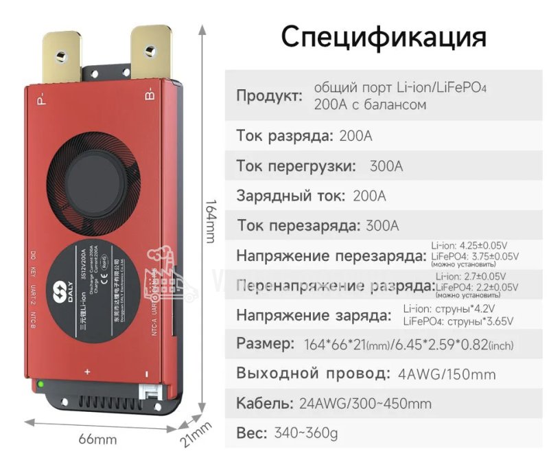 Плата BMS Daly 200A для Lifepo4 8s 24В c bluetooth